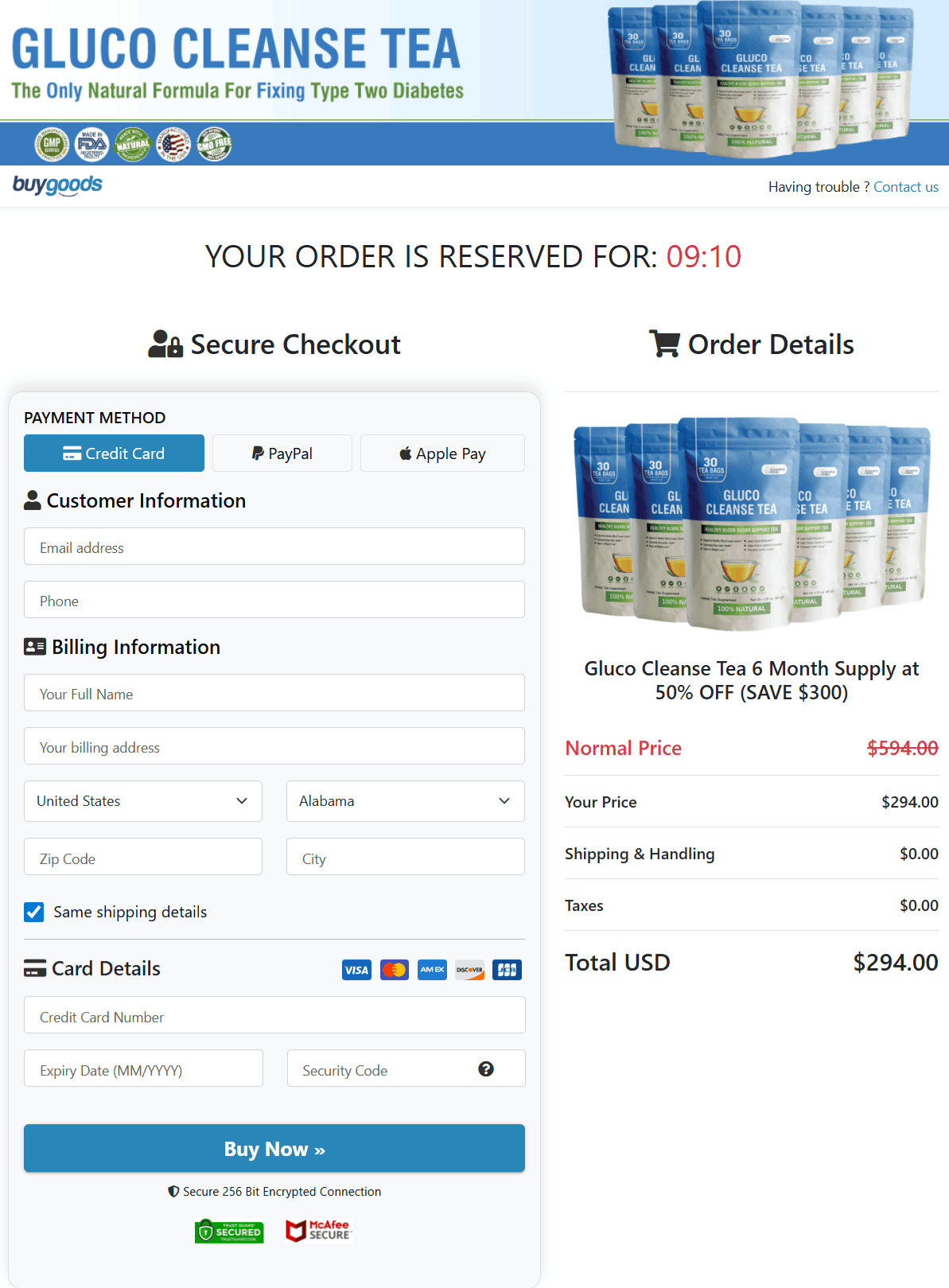 Gluco Cleanse Tea Checkout page